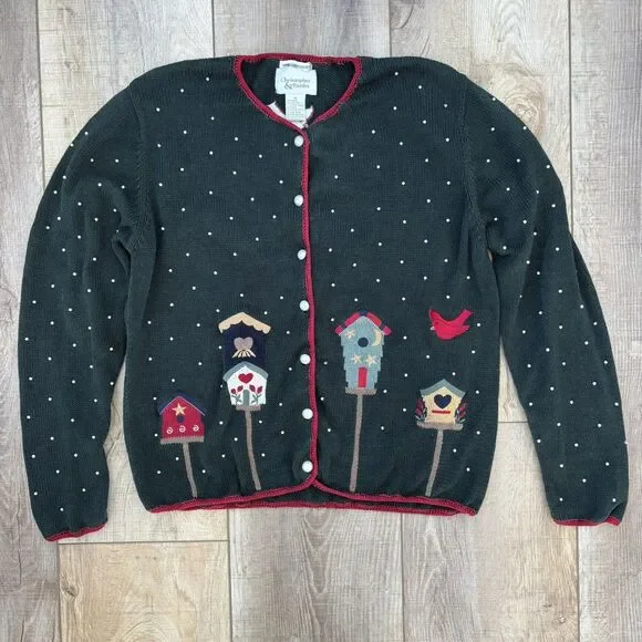 Vintage Womens Winter Sweater Size M Christmas Green 90s Beaded Hand Embroidered - Picture 5 of 13